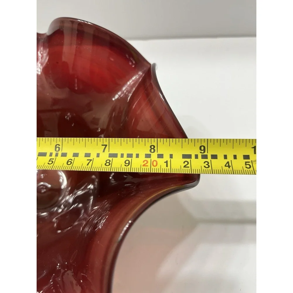 Vintage Art Glass Bowl Hand Blown Ruby Red Ruffle Edge Clear Pedestal  8.75x4